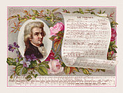 沃尔夫冈・阿玛德乌斯・莫扎特和一张乐谱，石版印刷，1887年出版