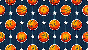 团队竞赛，运动和胜利的概念在扁平化的风格。彩色抽象背景上的篮球。无缝运动图案或装饰。