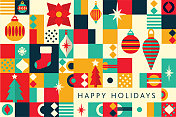快乐节日祝福马赛克贺卡平面设计模板与节日饰品，鹿和树，几何形状和简单的图标