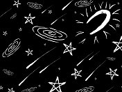 简单的黑白空间涂鸦插图-月亮，星系，彗星和恒星。