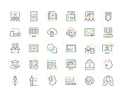 E-LEARNING相关矢量细线图标。大纲符号集合