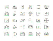 FINTECH相关矢量细线图标。大纲符号集合