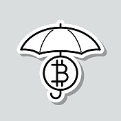 保护伞下的比特币。图标贴纸在灰色背景