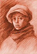 插画艺术乌贼铅笔画肖像的一个女孩在温暖的围巾和白色羊绒帽与遮阳帽