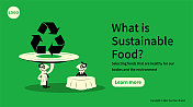 在可持续食品和环境保护的理念下，一个微笑的服务员正把食物(一个巨大的盘子，上面有一个大大的回收标志)端给坐在桌边的顾客