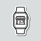 智能手表网购。图标贴纸在灰色背景 智能手表网购。图标贴纸在灰色背景