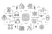 区块链相关矢量横幅设计概念，现代线条风格与图标