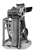 古董插图，应用机械和机器，纺织工业:软化，清洁和准备棉花的机器