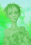 插图水彩肖像脸小悲伤的男孩在旧破衣服上的背景在绿色的阴影