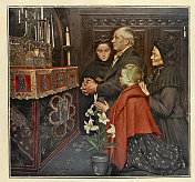Eugène Buland, Devant les reliques，在遗物前祈祷的家人，法国19世纪的艺术
