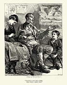 维多利亚时代的一家人聚在一起，父亲给他的孩子们唱歌，穷人的小屋。19世纪1870年代