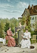 三个年轻女人在花园里干活，纺车，裁缝，花匠
