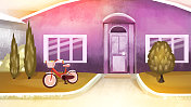 小房子的正面和小红色自行车的卡通插画