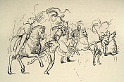 在列奥纳多・达・芬奇的素描之后，马背上的人，士兵，战士，早期文艺复兴艺术