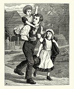 父亲背着女儿们走回家，维多利亚时代，1870年代，19世纪，复古插画