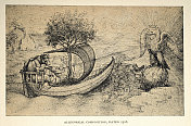 列奥纳多・达・芬奇的寓言素描，公牛帆船，地球仪上的冠鹰，文艺复兴早期艺术