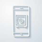 带有保险箱的智能手机。空白背景上剪纸效果的图标 带有保险箱的智能手机。空白背景上剪纸效果的图标