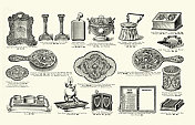 维多利亚时代的银器，烛台，烧瓶，镜框，发刷，雪茄打火机，墨水瓶，日历，钢笔刮，1890年代，19世纪