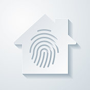 家庭安全-有指纹的房子。空白背景上剪纸效果的图标 家庭安全-有指纹的房子。空白背景上剪纸效果的图标