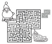黑与白，儿童迷宫游戏。可爱的圣诞老人和雪橇