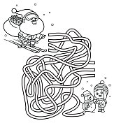 黑与白,儿童迷宫游戏。滑雪的圣诞老人和堆雪人的小女孩 黑与白,儿童迷宫游戏。滑雪的圣诞老人和堆雪人的小女孩