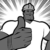 一个戴着工作头盔的强有力的蓝领工人竖起大拇指，漫画特效线背景，黑白视觉
