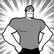 一个戴着工作头盔的强有力的蓝领工人站在那里，拳头放在屁股上，漫画特效线背景，黑白视觉