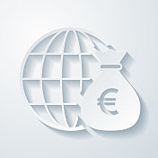欧元在世界范围内。空白背景上剪纸效果的图标