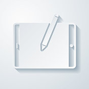 平板电脑与笔-水平位置。空白背景上剪纸效果的图标