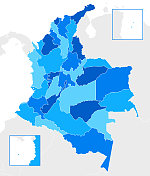 哥伦比亚高详细的蓝色地图与地区