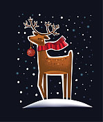 圣诞和新年矢量构图的一只鹿在雪地里