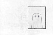 黑色和白色的幽灵乡村万圣节主题水平纹理效果背景与一个褪色框抽象鬼三维或三维在一个白色面纱与空白表情涂鸦在粗糙的划痕墙在一个相框