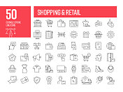 购物和零售线图标。可编辑的笔画矢量图标集合。
