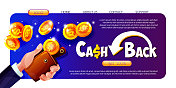 现金返钱理念，财务回报。商人的手与钱包和金币在抽象的色彩背景。3D矢量网页横幅卡通风格。