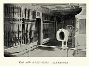 军械库，武器架，弯刀，步枪，在HMS Alexandra，皇家海军军舰，1890年代，维多利亚19世纪