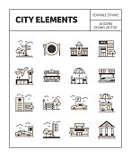 城市元素图标集简单的外观和丰富多彩的设计。