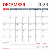 2023 12月日历计划向量模板。一周从周日开始