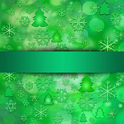 节日绿色调的背景与圣诞树，泡泡，雪花和乐队的文字。