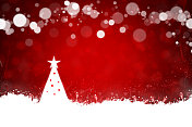 闪闪发光的圣诞水平红色背景与白色点状三角形树与星星在顶部和雪花和闪亮的点像气泡在明亮的充满活力的栗色背景底部