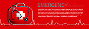 救护车概念，卡通风格的医疗保健。医生的手提箱，便携式急救箱与彩色抽象背景上的医学图标与空间的文字。