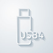 USB4闪存盘。空白背景上剪纸效果的图标