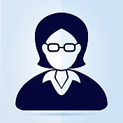 在蓝色背景上戴眼镜的一个女人的头像，肖像和脸的图标。