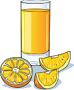 新鲜橙子和一杯加果汁。矢量插图。