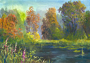 秋日的河流，阳光灿烂的森林，绘画