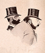 两个戴着大礼帽的成熟男人的人物素描，法国1890年代，19世纪