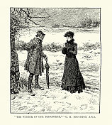 我们不满的冬天，年轻的女人在雪地里和一个老人说话，十九世纪维多利亚时代