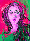 插图油画肖像的女人与飞行的头发在明亮的对比背景在绿色红色色调