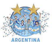 五名阿根廷球迷举着阿根廷国旗和两颗金星庆祝