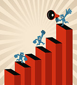 通往成功的阶梯,一个拿着扩音器的领导者沿着不断增长的阶梯攀登,带领团队实现他们的目标 通往成功的阶梯,一个拿着扩音器的领导者沿着不断增长的阶梯攀登,带领团队实现他们的目标