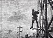 纽约，渡船钟，一个雾铃鸣钟者引导渡船进入码头，1871年